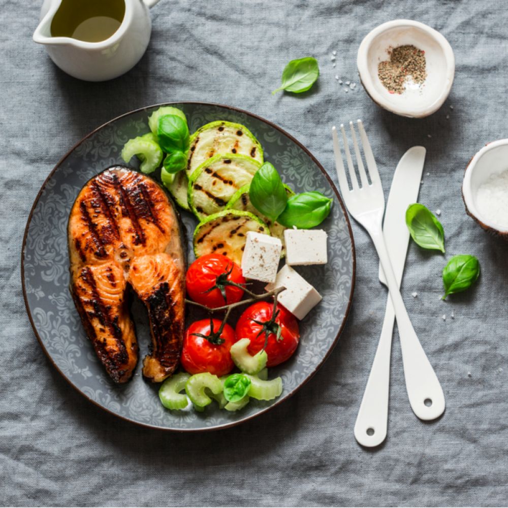 Grilled Salmon with Veggies and Feta