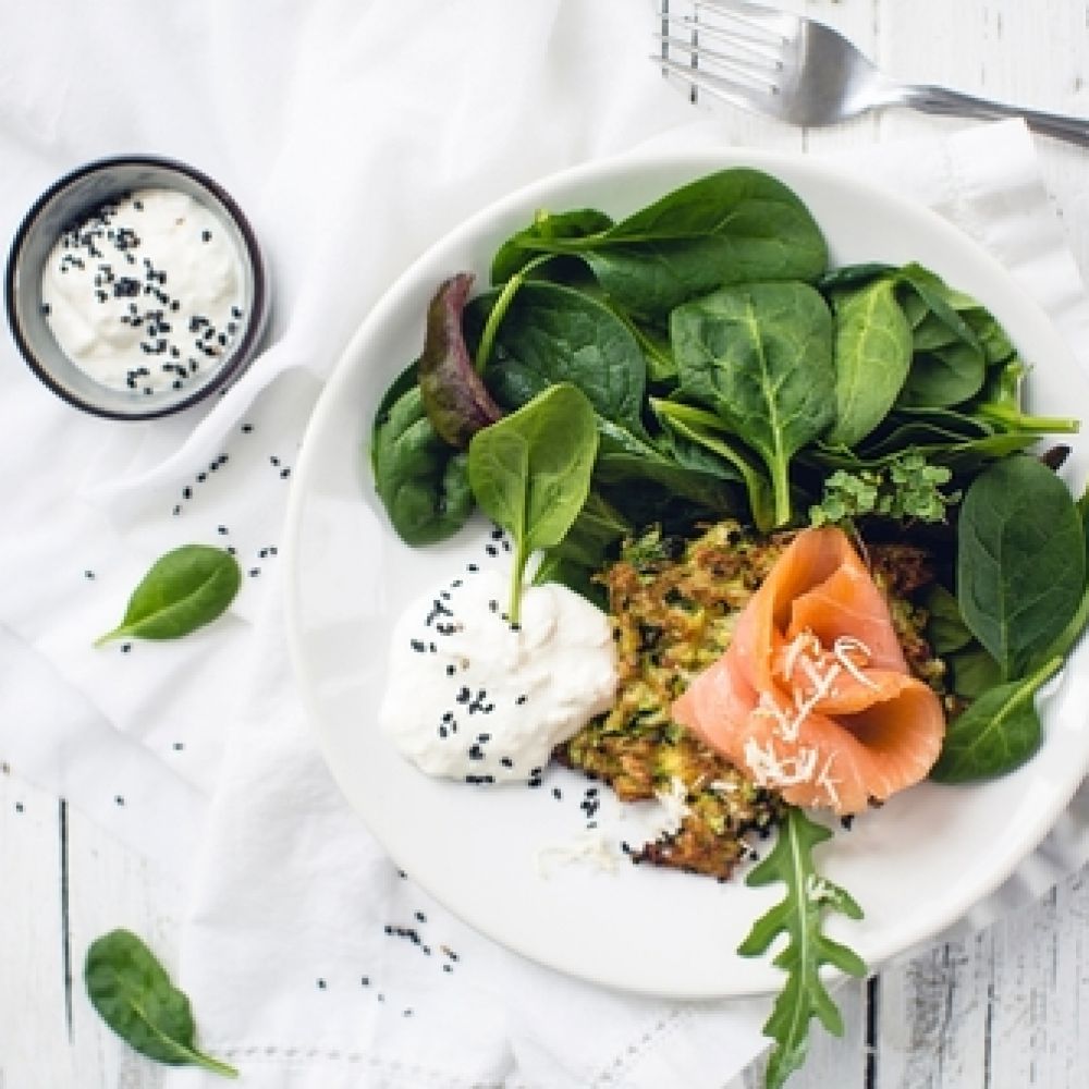 Courgette Fritters with Salmon and Salad