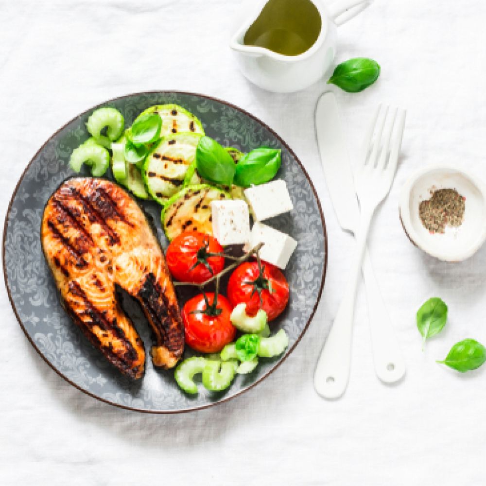 Grilled Salmon with Feta and Vegetables