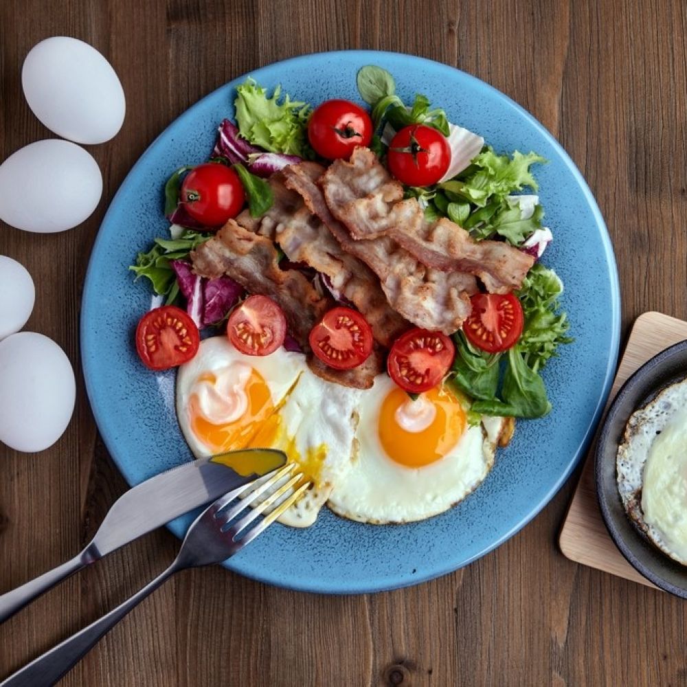 Fried Eggs and Bacon with Salad